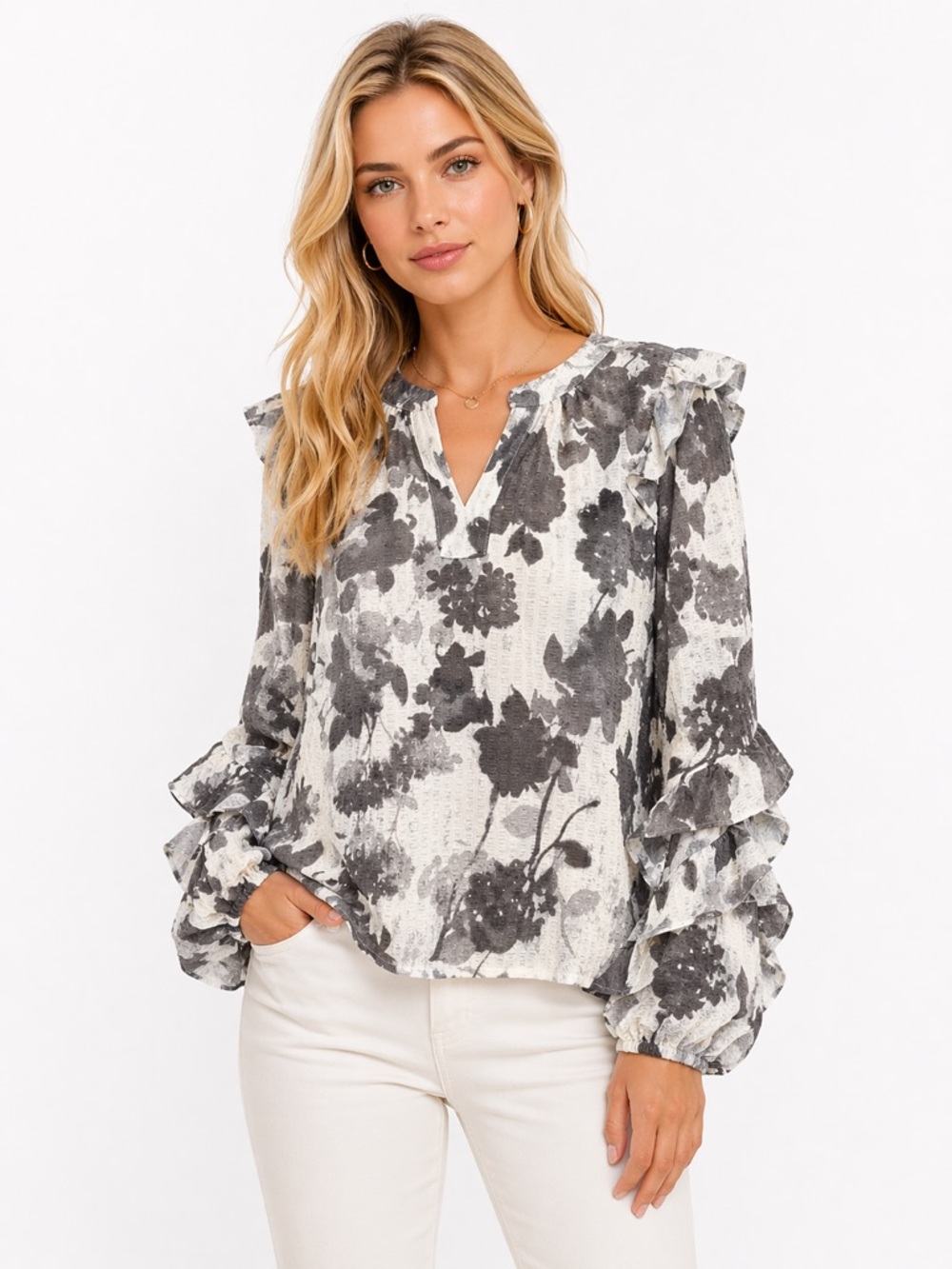EUC TCEC Size Small Floral Gray and White Women's Ruffle Sleeve Top